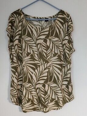 Tahari 100% Linen Top Womens Size XL Green Tropical Leaf Print Soft Knit Relaxed